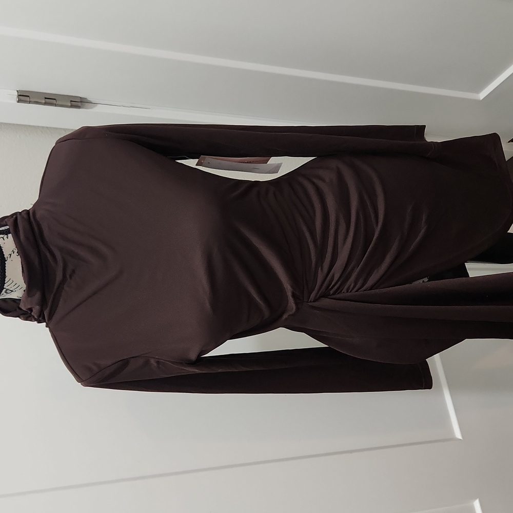 New Aqua Brown Mock Neck Wrap Dress long sleeve S